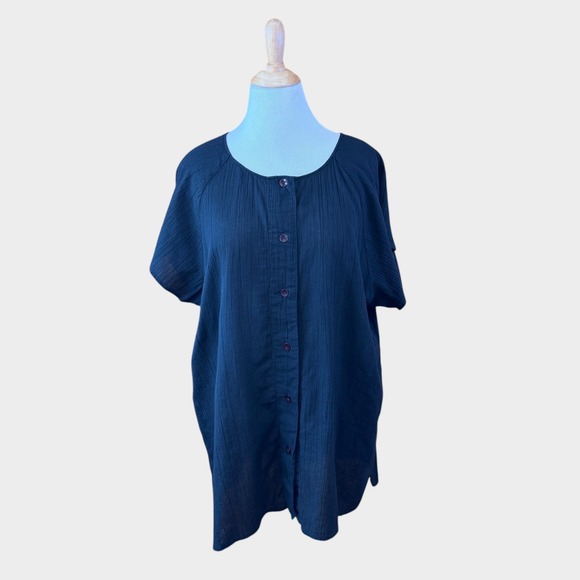 Beach Cabana Tops - Beach‎ Cabana Black Crinkle Gauze 100% Cotton Button Up Cover Up Top 1X